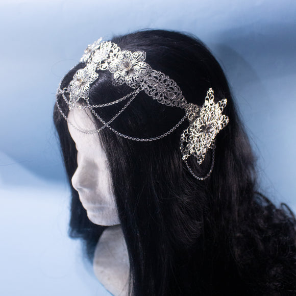 Aldaril fantasy metal crown, elven wedding festival silver filigree tiara with chains