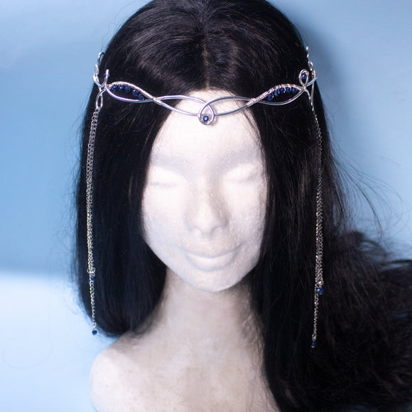 Eldarion fantasy elven tiara, bridal wedding festival silver crown with chains and glass stones for costumes, photo shoot prop and larp
