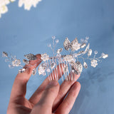 Eldora hair comb with transparent beads and silver leaves, hair accessory for bride with pearls, clear and crystal beads