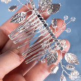 Eldora hair comb with transparent beads and silver leaves, hair accessory for bride with pearls, clear and crystal beads