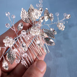 Eldora hair comb with transparent beads and silver leaves, hair accessory for bride with pearls, clear and crystal beads