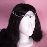 Liriel fantasy elven tiara, bridal wedding festival silver crown with purple rhinestones for costumes, photo shoot LARP