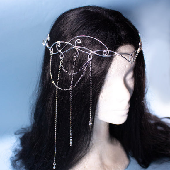 Sorylle fantasy elven tiara, bridal wedding festival silver filigree crown with chains and glass stones for costumes, photo shoot LARP