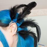 Eanna ear cuff silver stainless steel earrings with black feathers tribal festival cosplay costume pixie elf elven elfic elvish forest burlesque gothic witch