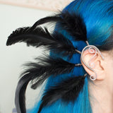 Eanna ear cuff silver stainless steel earrings with black feathers tribal festival cosplay costume pixie elf elven elfic elvish forest burlesque gothic witch