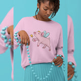 Fairy princess pig pink sweatshirt long sleeve pullover sweater, birthday christmas gift watercolor wings cute animal funny colorful crazy humerous positive oversized kawaii casual hoodie crewneck apparel clothing outfit top best friend bestfriend daughter girlfriend female present fairytale aesthetic geek geekery