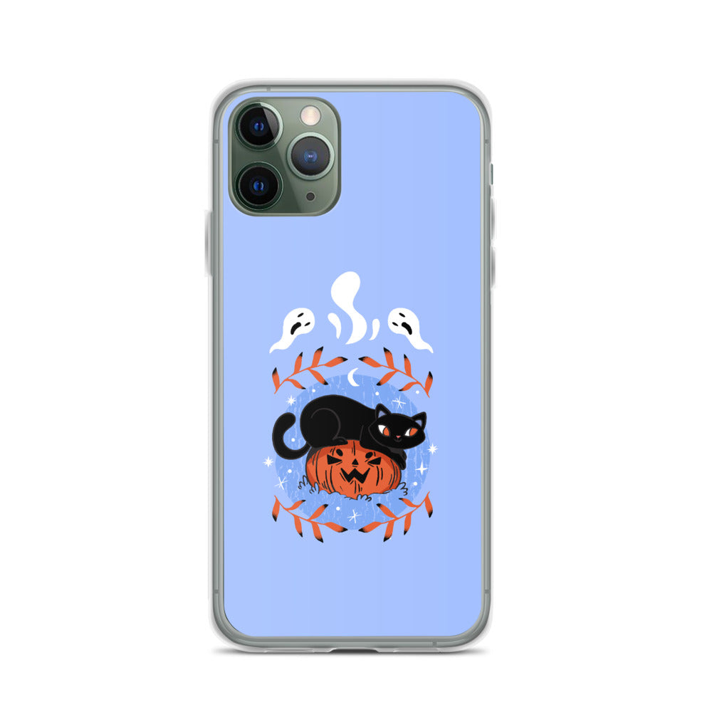 Halloween Iphone Samsung light blue phone cases with pumpkin cat
