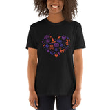 Halloween icons heart unisex white or black t-shirt, cute spooky Halloween outfit gift with pumpkin, cat, bat, witch, spider, cauldron