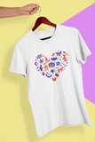 Halloween icons heart unisex white or black t-shirt, cute spooky Halloween outfit gift with pumpkin, cat, bat, witch, spider, cauldron