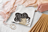 Halloween unisex white t-shirt for cat and coffee lovers, cute spooky outfit gift with pumpkin