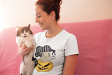 Halloween unisex white t-shirt for cat and coffee lovers, cute spooky outfit gift with pumpkin
