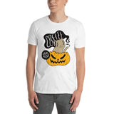 Halloween unisex white t-shirt for cat and coffee lovers, cute spooky outfit gift with pumpkin