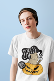 Halloween unisex white t-shirt for cat and coffee lovers, cute spooky outfit gift with pumpkin