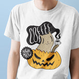Halloween unisex white t-shirt for cat and coffee lovers, cute spooky outfit gift with pumpkin