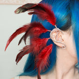 Maeve ear cuff silver stainless steel earrings with red feathers tribal festival cosplay costume pixie elf elven elfic elvish forest burlesque