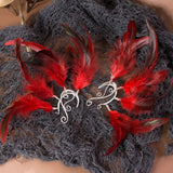 Maeve ear cuff silver stainless steel earrings with red feathers tribal festival cosplay costume pixie elf elven elfic elvish forest burlesque