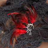 Maeve ear cuff silver stainless steel earrings with red feathers tribal festival cosplay costume pixie elf elven elfic elvish forest burlesque