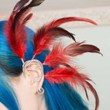 Maeve ear cuff silver stainless steel earrings with red feathers tribal festival cosplay costume pixie elf elven elfic elvish forest burlesque