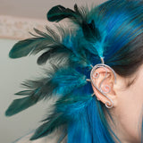 Moonfilter ear cuff silver stainless steel earrings with blue feathers tribal festival cosplay costume pixie elf elven elfic elvish forest burlesque