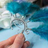 Moonfilter ear cuff silver stainless steel earrings with blue feathers tribal festival cosplay costume pixie elf elven elfic elvish forest burlesque