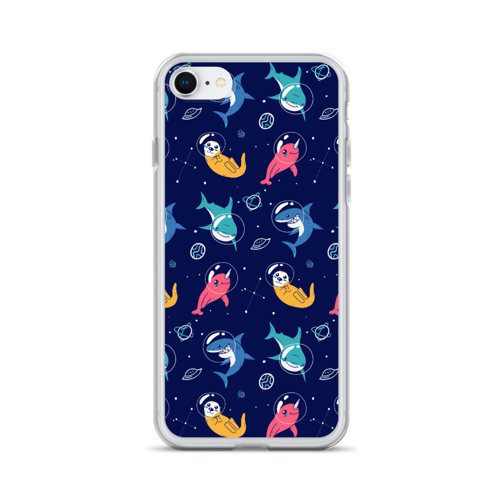 Space animal with dolphin shark narwhal and seal Iphone Samsung blue phone case