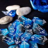 Waterfall Viking Elder Futhark runes set. Colorful viking runes birthday gifts, role play fair female present, druid green witch aesthetic art, white magic male magick blue resin stone set, unique lightweight elfic fantasy protection, tricolor celtic medieval pagan engraved nordic norse divination, elder futhark witchcraft, water blue element