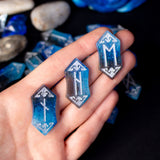Waterfall Viking Elder Futhark runes set. Colorful viking runes birthday gifts, role play fair female present, druid green witch aesthetic art, white magic male magick blue resin stone set, unique lightweight elfic fantasy protection, tricolor celtic medieval pagan engraved nordic norse divination, elder futhark witchcraft, water blue element