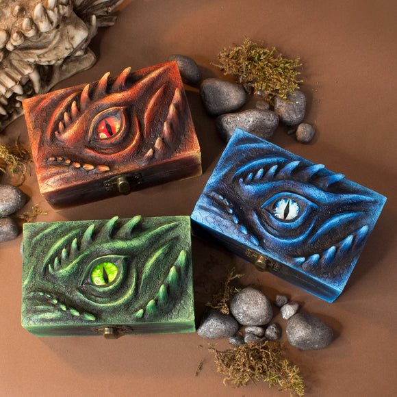 Meraxes blue, green and red dragon wood and resin D&D dice box dungeons and dragons gift for three sets of dices