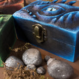 Meraxes blue, green and red dragon wood and resin D&D dice box with metal closure and sculpture handmade