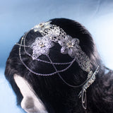 Aldaril fantasy metal crown, elven wedding festival silver filigree tiara with chains