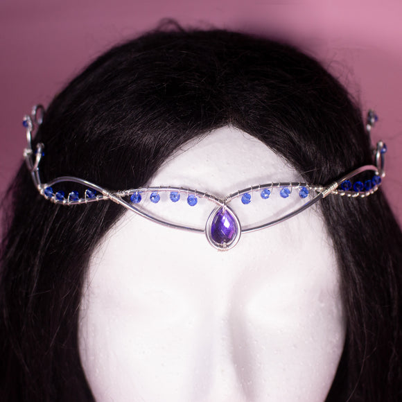 Liriel fantasy elven tiara, bridal wedding festival silver crown with purple rhinestones for costumes, photo shoot LARP 