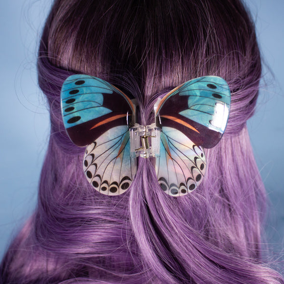 Sylva butterfly hair clip in light blue and perlescent white, fantasy fun hair accessory 