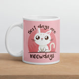 Best days are meowdays white and pink ceramic mug, cute gift for cat lover with white kitten 