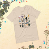 Crystals gems poster list unisex soft beige t-shirt for geologist, cute outfit gift for green witch and precious stones lover . mineral quartz geology education student tshirt unique science teacher present vintage style boho pagan apparel enthusiast witchy rocks stamp crewneck t shirt best friend mom short sleeve mother clothing girlfriend tee female top women aesthetic print cotton adult geek birthday christmas