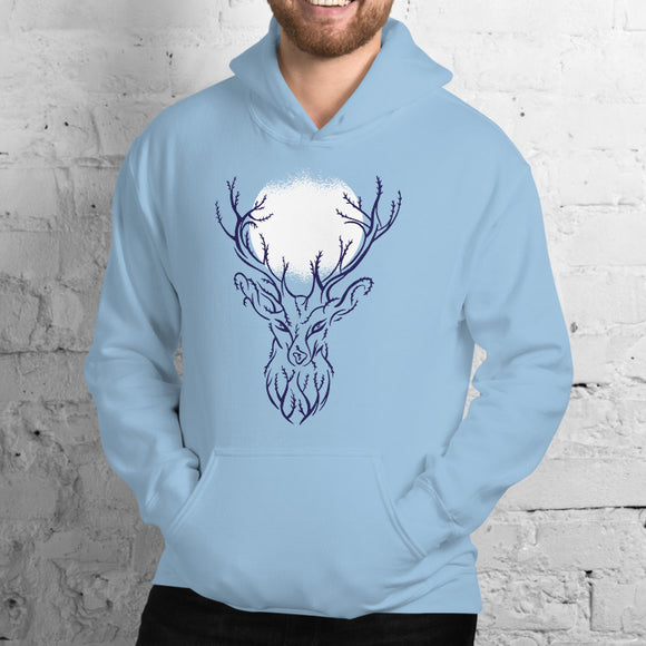 Deer tree moon unisex light blue hoodie long sleeve, birthday Christmas gift, animal spirit guide, Patronus 