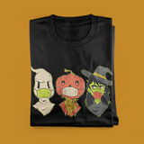 Halloween trio squad with ghost, scarecrow and witch with masks black unisex t-shirt, spooky cute Halloween gift tee outfit 2020 quarantine covid