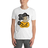 Halloween unisex white t-shirt for cat and coffee lovers, cute spooky outfit gift with pumpkin 