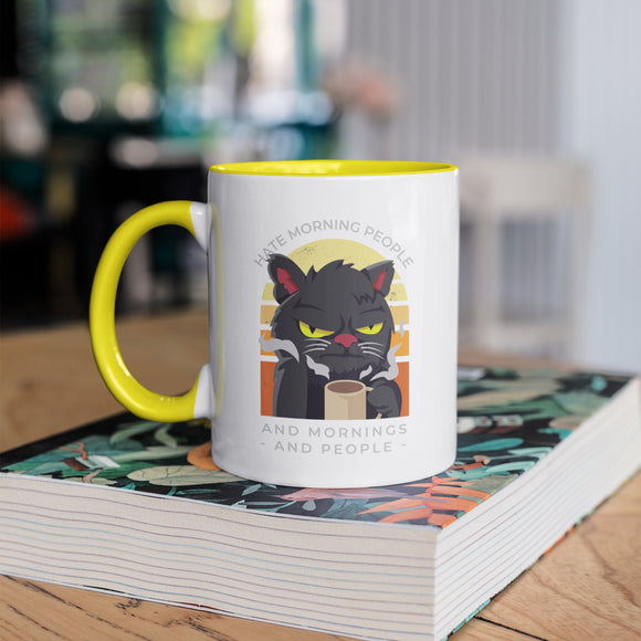 Hate Morning People Ceramic mug with yellow color inside, birthday christmas gift, antisocial funny cat present cup coffee latte cappuccino angry tired kitty kitten owner unique colorful orange cool best crazy humerous best friend long distance friendship bestfriend daughter girlfriend boyfriend present funny saying fun birthday christmas stocking filler christmas