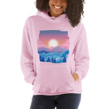 Pastel landscape pink or white unisex hoodie with long sleeve, birthday Christmas outfit gift, cute kawaii outfit sunset enthusiast mountain lover freedom resilience nature sun unique spring winter warm colorful oversized casual printed inspiring sweater sweatshirt apparel clothing outfit present female women for her aesthetic birthday anniversary christmas