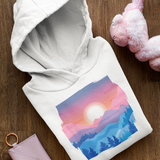 Pastel landscape pink or white unisex hoodie with long sleeve, birthday Christmas outfit gift, cute kawaii outfit sunset enthusiast mountain lover freedom resilience nature sun unique spring winter warm colorful oversized casual printed inspiring sweater sweatshirt apparel clothing outfit present female women for her aesthetic birthday anniversary christmas