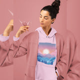 Pastel landscape pink or white unisex hoodie with long sleeve, birthday Christmas outfit gift, cute kawaii outfit sunset enthusiast mountain lover freedom resilience nature sun unique spring winter warm colorful oversized casual printed inspiring sweater sweatshirt apparel clothing outfit present female women for her aesthetic birthday anniversary christmas