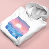 Pastel landscape pink or white unisex hoodie with long sleeve, birthday Christmas outfit gift, cute kawaii outfit sunset enthusiast mountain lover freedom resilience nature sun unique spring winter warm colorful oversized casual printed inspiring sweater sweatshirt apparel clothing outfit present female women for her aesthetic birthday anniversary christmas