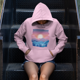 Pastel landscape pink or white unisex hoodie with long sleeve, birthday Christmas outfit gift, cute kawaii outfit sunset enthusiast mountain lover freedom resilience nature sun unique spring winter warm colorful oversized casual printed inspiring sweater sweatshirt apparel clothing outfit present female women for her aesthetic birthday anniversary christmas