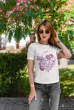 Pink dinosaurs with flowers and moon woman white t-shirt, dino lover tee