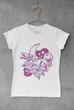 Pink dinosaurs with flowers and moon woman white t-shirt, dino lover tee