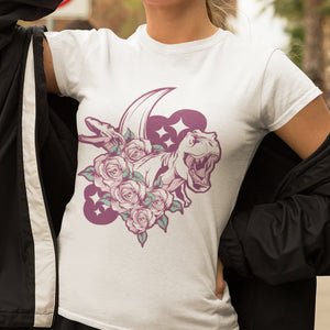 Pink dinosaurs with flowers and moon woman white t-shirt, dino lover tee