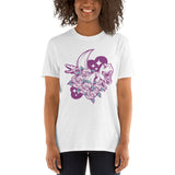 Pink dinosaurs with flowers and moon woman white t-shirt, dino lover tee