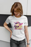 Skull and butterflies woman t-shirt in white and peach, cute spooky Halloween birthday christmas gift