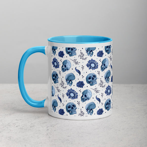 Skull and flowers witch gothic Halloween Ceramic mug with blue color inside, birthday christmas gift