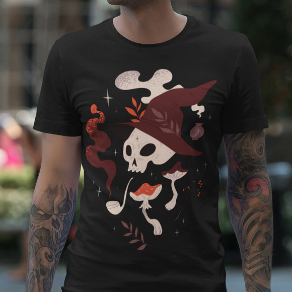 Skull with hat pipe and mushroom unisex halloween t-shirt goth alternative outfit Christmas birthday witch tee black navy gothic creepy cute spooky 